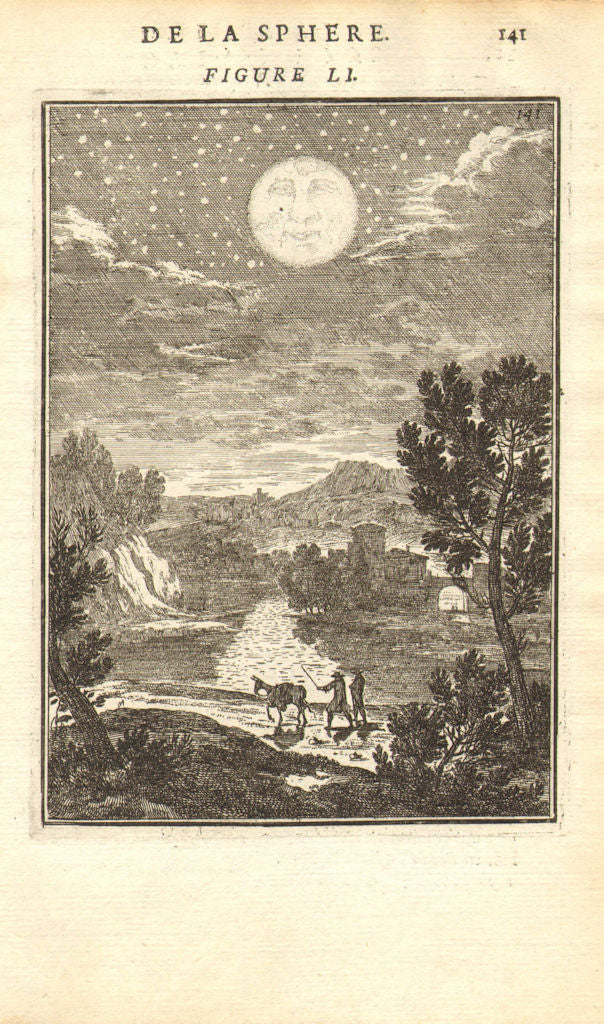 MAN IN THE MOON. Moon. Moon in the night sky. MALLET 1683 old antique print